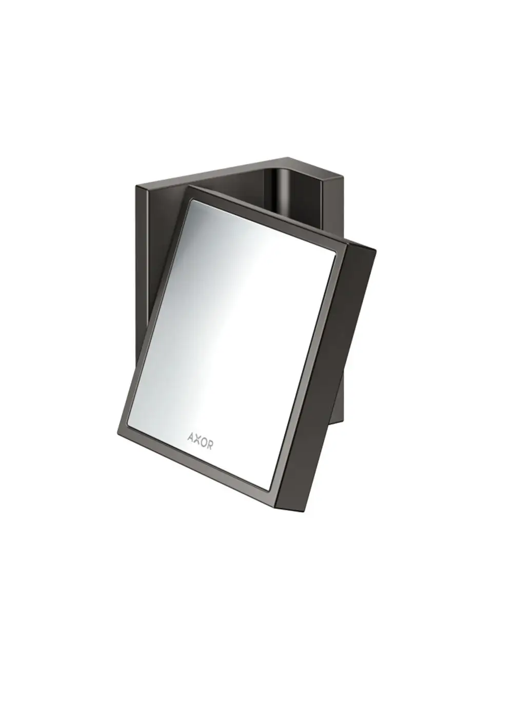 Rasierspiegel mit quadratischer Reflexionsfläche, an einer Wandhalterung befestigt, in Schwarz Chrom-Finish, mit dem Markennamen AXOR sichtbar.
